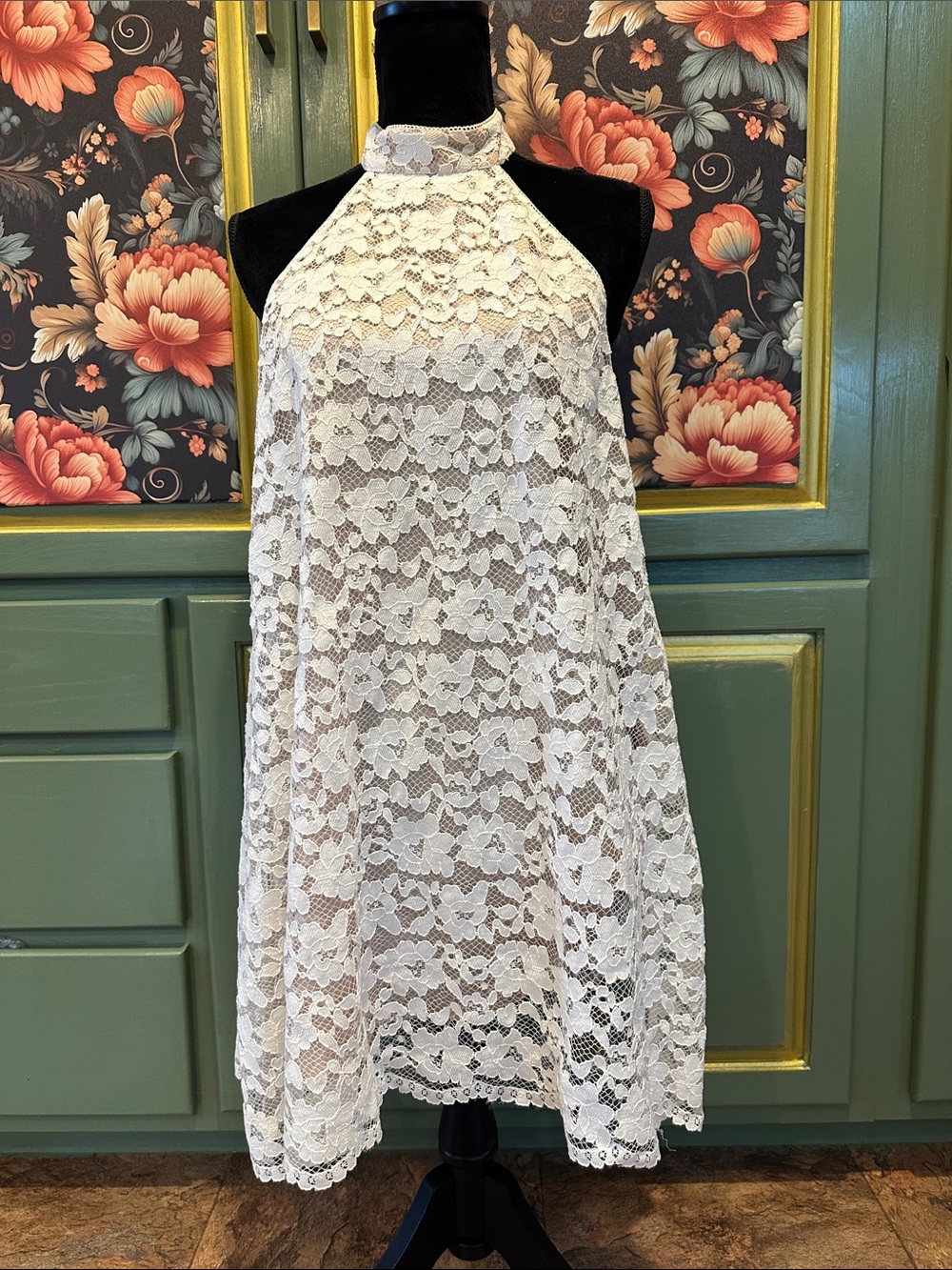 NED Cream Floral Lace Halter Mini Dress